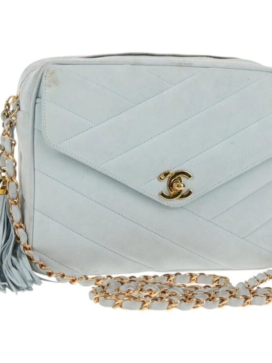 CHANEL Handbags - CHANEL Bias Stitch Chain Shoulder Bag Suede Light Blue Gold CC Auth 139935V